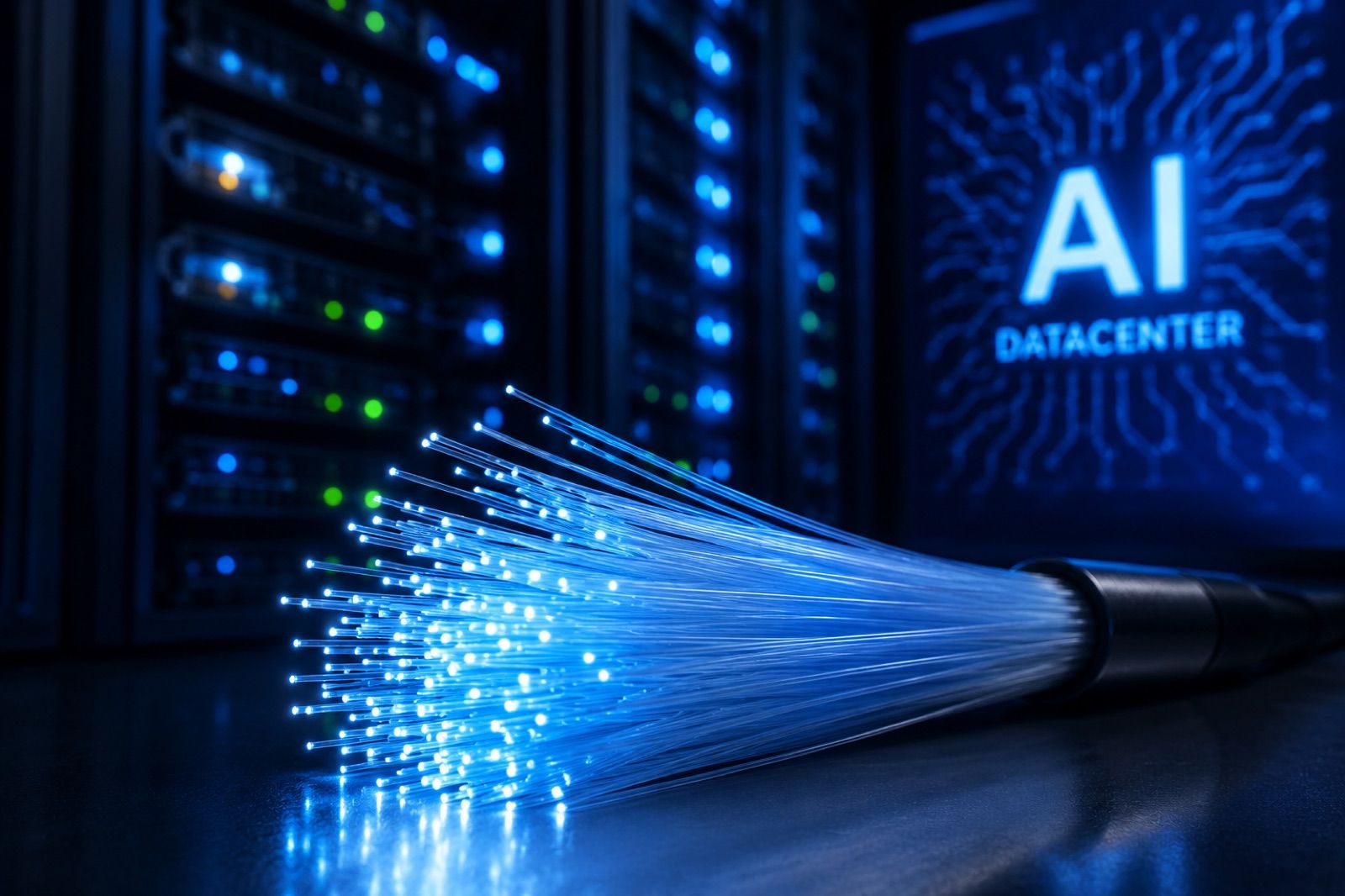 Svazek rozzářených optických vláken před serverovými racky AI datacentra
